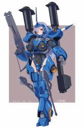 Rule 34 | 1girl, breasts, covered navel, dated, gun, gundam, gundam 0080, hair over one eye, highres, holding, holding gun, holding weapon, holstered, horns, kampfer (mobile suit), large breasts, leotard, looking at viewer, looking down, michi kuso, one eye covered, open hand, personification, signature, single horn, skin tight, solo, standing, weapon