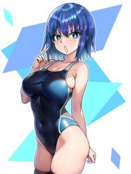 Rule 34 | 1girl, black one-piece swimsuit, blue eyes, blue hair, breasts, ciel (tsukihime), cleavage, closed mouth, commentary, competition swimsuit, cowboy shot, ebora, large breasts, looking at viewer, one-piece swimsuit, open mouth, short hair, solo, standing, swimsuit, thighs, tsukihime