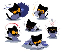 Rule 34 | arms up, black cat, black eyes, book, cat, colored sclera, closed eyes, gaetshang, ghost, google, halloween, heart, korean text, momo (google doodle), multiple views, no humans, no mouth, robe, sleeping, sparkle, wand, yellow sclera
