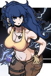 Rule 34 | 1girl, bare shoulders, blue eyes, blue hair, breasts, camouflage, camouflage pants, cargo pants, clenched hand, dog tags, earrings, energy ball, gloves, hand on own hip, highres, jewelry, large breasts, leona heidern, masgamjya, midriff, military, muscular, muscular female, navel, pants, ponytail, pouch, sleeveless, solo, sports bra, tank top, the king of fighters, the king of fighters xiv, the king of fighters xv, thunder, triangle earrings, yellow tank top