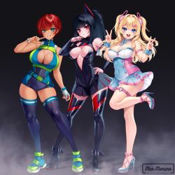 Rule 34 | 3girls, absurdres, black footwear, black hair, blonde hair, blue eyes, blue footwear, blush, boots, breasts, cleavage, closed mouth, commission, copyright name, dark-skinned female, dark skin, double v, gloves, green eyes, grey gloves, grin, high heel boots, high heels, highres, large breasts, long hair, multiple girls, murmoruno, open mouth, original, parted lips, partially fingerless gloves, red eyes, red hair, shoes, short hair, single glove, smile, sneakers, teeth, thigh strap, upper teeth only, v
