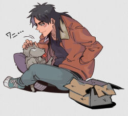 Rule 34 | 1boy, black eyes, black hair, black shirt, blue footwear, bomber jacket, box, brown jacket, cardboard box, closed mouth, commentary request, dog, fingernails, full body, grey background, grey pants, hand in pocket, highres, indian style, inudori, itou kaiji, jacket, kaiji, long hair, long sleeves, looking at animal, male focus, medium bangs, open clothes, open jacket, pants, parted bangs, petting, shirt, shoes, simple background, sitting, smile, sneakers, solo