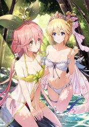 Rule 34 | 2girls, bare shoulders, between legs, bikini, bikini bottom only, blonde hair, blue eyes, blush, breasts, brown eyes, character request, cleavage, collarbone, commentary request, europa (granblue fantasy), europa (summer) (granblue fantasy), eye contact, flower, forest, granblue fantasy, hair between eyes, hair flower, hair ornament, hand between legs, hand up, highres, jiman, leaf, leaf on head, long hair, looking at another, looking to the side, low twintails, medium breasts, monster girl, multiple girls, nature, navel, parted lips, pink hair, plant girl, pointy ears, red bikini, see-through, side-tie bikini bottom, sitting, smile, swimsuit, tiara, twintails, very long hair, wading, water, wet, white bikini, white flower, yellow flower, yggdrasil (granblue fantasy)