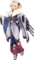 Rule 34 | 1girl, american flag, blonde hair, blue eyes, blue nails, flag print, flower, full body, furisode, headgear, iowa (kancolle), japanese clothes, kantai collection, kimono, long hair, looking at viewer, multicolored nails, nail polish, official art, open mouth, red nails, rose, sandals, shizuma yoshinori, smile, solo, standing, star-shaped pupils, star (symbol), symbol-shaped pupils, tabi, transparent background, turret