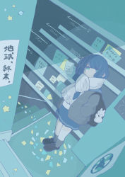 Rule 34 | 1girl, absurdres, awaya yawako, blue theme, commentary request, from above, hands in pockets, highres, jacket, loafers, looking at viewer, mars symbol, mercury symbol, neckerchief, open clothes, open jacket, original, pleated skirt, sailor collar, scarf, school uniform, serafuku, shoes, short hair, skirt, socks, solo, standing, tears, translation request, venus symbol