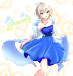 Rule 34 | 10s, 1girl, anastasia (idolmaster), bare shoulders, blue dress, blue eyes, blush, breasts, character name, cleavage, cyrillic, dress, idolmaster, idolmaster cinderella girls, jewelry, looking at viewer, medium breasts, necklace, open mouth, popon ta, shawl, short hair, silver hair, smile, solo