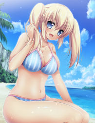 Rule 34 | 1girl, acerola (naohiro), beach, bikini, blonde hair, blue bikini, blue eyes, breasts, cleavage, cliff, crossed bangs, curvy, day, large breasts, long hair, open mouth, original, outdoors, sitting, solo, striped bikini, striped clothes, swimsuit, twintails, vertical-striped bikini, vertical-striped clothes