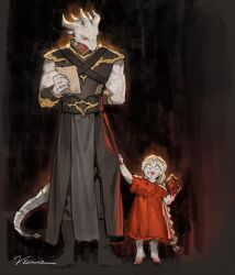 Rule 34 | 1boy, 1girl, aged down, arm behind back, arm up, artist name, baldur&#039;s gate, baldur&#039;s gate 3, barefoot, black footwear, black robe, blank eyes, blonde hair, blood, blood on clothes, blood on face, blood on hands, boots, brother and sister, brown background, cannibalism, chest harness, chewing, child, clothes grab, colored skin, commentary, dragon boy, dragon horns, dragon tail, dress, dungeons &amp; dragons, eating, english commentary, full body, furry, furry male, grey skin, harness, heart (organ), height difference, holding, holding heart (organ), holding paper, horns, long hair, looking at another, low-braided long hair, low-tied long hair, multiple horns, orin the red, paper, red dress, red eyes, robe, scales, short sleeves, siblings, signature, slit pupils, standing, tail, the dark urge (baldur&#039;s gate), toddler, velinxi