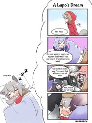 Rule 34 | 5girls, :d, ?, @ @, animal ear fluff, animal ears, arknights, black hair, black jacket, blush, braid, closed eyes, commentary, dreaming, drooling, english commentary, english text, frostleaf (arknights), fur-trimmed hood, fur trim, grey hair, hair ornament, hairclip, highres, hood, hood up, hooded jacket, hugging own tail, hugging tail, jacket, kurotofu, lappland (arknights), long hair, lying, mouth drool, multicolored hair, multiple girls, nose blush, on side, open mouth, pillow, profile, projekt red (arknights), provence (arknights), red hair, red jacket, romaji commentary, romaji text, sleeping, smile, spoken question mark, streaked hair, tail, texas (arknights), under covers, very long hair, wavy mouth, zzz