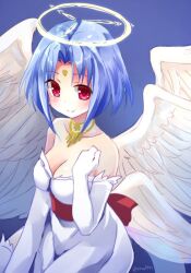 Rule 34 | 1girl, bare shoulders, blue hair, breasts, cleavage, closed mouth, dress, elbow gloves, facial mark, feathered wings, filia (star ocean), forehead jewel, forehead mark, gloves, halo, jewelry, looking at viewer, medium breasts, medium hair, pointy ears, red eyes, simple background, smile, solo, star ocean, star ocean the second story, wings, zinan