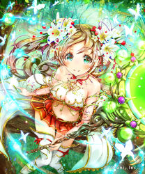 Rule 34 | 1girl, aqua eyes, bare arms, bare shoulders, blonde hair, blush, branch, breasts, bug, butterfly, cleavage, day, flower, food, from above, fruit, grass, hair flower, hair ornament, holding, holding staff, in tree, insect, jewelry, keepout, knees together feet apart, lily (flower), long hair, looking at viewer, looking up, magic, medium breasts, midriff, navel, necklace, official art, outdoors, pleated skirt, red skirt, shingoku no valhalla gate, sitting, sitting in tree, skirt, sleeveless, smile, solo, sparkle, staff, strapless, strawberry, thighhighs, tree, tube top, watermark, white thighhighs, wind, zettai ryouiki