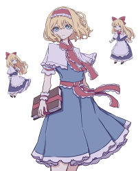 Rule 34 | 1girl, absurdres, alice margatroid, blonde hair, blue dress, blue eyes, book, capelet, closed mouth, dress, grimoire of alice, hair between eyes, hairband, highres, holding, holding book, kame (kamepan44231), lolita hairband, one-hour drawing challenge, red hairband, shanghai doll, short hair, short sleeves, simple background, solo, touhou, white background, white capelet, wrist cuffs