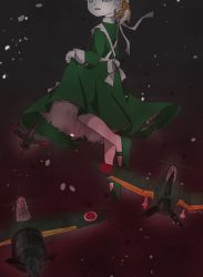 Rule 34 | aircraft, alternate costume, apron, blonde hair, blue eyes, collared dress, commentary request, dress, floating, green dress, green footwear, hair ribbon, highres, kantai collection, leg up, long hair, long sleeves, maid, mary janes, nami nami (belphegor-5812), orange ribbon, out of frame, propeller, ribbon, shin&#039;you (kancolle), shoes, side ponytail, skirt hold, smile, solo, twitter username, uniform, white apron, white legwear
