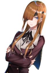 Rule 34 | 1girl, black ribbon, blue eyes, brown hair, brown jacket, crossed arms, dutch angle, eyepatch, fate/grand order, fate (series), grey shirt, hair over one eye, hakuishi aoi, jacket, long hair, long sleeves, looking at viewer, neck ribbon, ophelia phamrsolone, ribbon, shirt, simple background, solo, upper body, white background