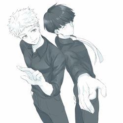 Rule 34 | 10s, 2boys, aqua theme, back-to-back, blue theme, bowl cut, closed mouth, dress shirt, formal, greyscale, hanazawa teruki, hand in pocket, kageyama shigeo, long sleeves, looking at another, male focus, mob psycho 100, monochrome, multiple boys, necktie, outstretched hand, parted lips, shirt, short hair, smile, very short hair, white background