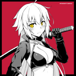 Rule 34 | 1girl, bikini, black border, blush, border, breasts, closed mouth, fate/grand order, fate (series), gloves, holding, holding sword, holding weapon, jeanne d&#039;arc alter (swimsuit berserker) (fate), jeanne d&#039;arc (fate), jeanne d&#039;arc alter (fate), jeanne d&#039;arc alter (swimsuit berserker) (fate), katana, kouzuki tsubasa (musou kaidou), long hair, looking at viewer, medium breasts, monochrome, o-ring, o-ring top, red background, solo, swimsuit, sword, twitter username, weapon, yellow eyes