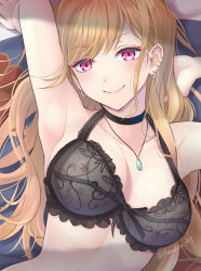 Rule 34 | 1girl, armpits, arms behind head, artist name, bad id, bad pixiv id, bed, black bra, black choker, blonde hair, blush, bow, bow bra, bra, breasts, choker, cleavage, closed mouth, collarbone, earrings, eye piercing, jewelry, kanden sky, kitagawa marin, lips, long hair, looking at viewer, lying, medium breasts, necklace, on back, purple eyes, simple background, smile, solo, sono bisque doll wa koi wo suru, underwear, underwear only, upper body