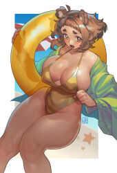 Rule 34 | 1girl, animal ears, beach, bear ears, bear girl, blush, breasts, brown eyes, brown hair, covered navel, gold one-piece swimsuit, green jacket, highres, jacket, kumako (poch4n), large breasts, long hair, looking at viewer, one-piece swimsuit, open mouth, original, parasol, poch4n, short hair, solo, sweat, swimsuit, teeth, thighs, umbrella, upper teeth only