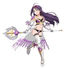 Rule 34 | 10s, 1girl, ahoge, armor, armored boots, bikini armor, boots, breasts, collarbone, detached sleeves, floating hair, full body, gauntlets, hairband, knee boots, leg up, long hair, looking at viewer, midriff, navel, pauldrons, pointy ears, purple hair, red eyes, red hairband, shoulder armor, simple background, small breasts, smile, solo, staff, standing, stomach, sword art online, thigh strap, thighhighs, very long hair, white armor, white background, white thighhighs, yuuki (sao)