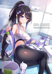 Rule 34 | 1girl, ass, bare shoulders, black hair, black pants, blue archive, breasts, bucket, choker, closed mouth, covered erect nipples, crop top, flower, green choker, hair flower, hair ornament, highres, hm (hmongt), jacket, large breasts, long hair, long sleeves, looking at viewer, midriff, off shoulder, open clothes, open jacket, pants, ponytail, purple eyes, shampoo bottle, shirt, sidelocks, sleeveless, sleeveless shirt, smile, solo, sports bra, steam, sumire (blue archive), sweat, sweatband, very long hair, white jacket, white shirt, yoga pants