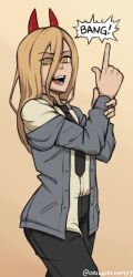 Rule 34 | 1girl, black necktie, blonde hair, chainsaw man, commentary request, cross-shaped pupils, evil trevo, finger gun, grey jacket, hair between eyes, highres, horns, jacket, long hair, necktie, open mouth, power (chainsaw man), red horns, shirt partially tucked in, smile, solo, symbol-shaped pupils, twitter username, yellow eyes