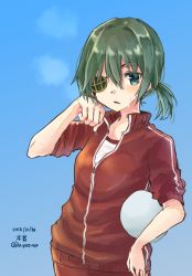 Rule 34 | 1girl, alternate costume, alternate hairstyle, ball, blue background, character name, commentary request, cowboy shot, dated, eyepatch, green eyes, green hair, jacket, kantai collection, kiso (kancolle), looking at viewer, low ponytail, one-hour drawing challenge, pants, red jacket, red pants, short hair, solo, standing, sweat, track jacket, track pants, track suit, twitter username, u yuz xx