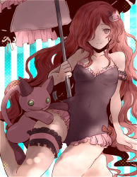Rule 34 | 10s, 1girl, anna (granblue fantasy), arm garter, blush, brown eyes, brown hair, cat hair ornament, frilled swimsuit, frills, gothic lolita, granblue fantasy, hair ornament, hair over one eye, bridal garter, lolita fashion, long hair, looking at viewer, miwayama, one-piece swimsuit, smile, stuffed toy, swimsuit, umbrella, very long hair