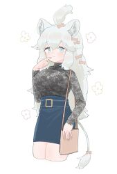 Rule 34 | 1girl, :3, alternate hairstyle, animal ears, bag, blue eyes, blue skirt, blush, bow, commentary request, cowboy shot, finger to mouth, floral print, grey sweater, hair between eyes, hair bow, handbag, highres, kemono friends, lion ears, lion girl, lion tail, long hair, long sleeves, pencil skirt, shimazoenohibi, sidelocks, skirt, solo, sweater, tail, turtleneck, turtleneck sweater, white hair, white lion (kemono friends)