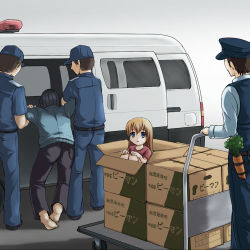 Rule 34 | 1girl, 4boys, arrest, balaclava, barefoot, beidan, blue eyes, blue pants, blue shirt, box, brown hair, cardboard box, carrot, cart, child, dragging, facing away, hands on own knees, hat, in box, in container, knees to chest, long hair, long sleeves, looking at viewer, motor vehicle, multiple boys, pants, peaked cap, police, police hat, police uniform, shirt, short sleeves, t-shirt, translation request, uniform, van, vehicle, vest, what