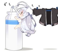Rule 34 | 1girl, antenna hair, bare arms, bare legs, barefoot, bendy straw, black jacket, blush, bottle, chibi, clothes pin, commentary request, drinking, drinking straw, hair between eyes, highres, jacket, unworn jacket, kizuna akari, long hair, long sleeves, milk, milk bottle, milkpanda, mini person, minigirl, naked towel, profile, puffy long sleeves, puffy sleeves, shadow, silver hair, solo, towel, towel on head, translation request, very long hair, voiceroid, white background, | |