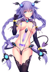 Rule 34 | 1girl, arm at side, armor, black gloves, black thighhighs, black wings, blue eyes, blush, bracelet, braid, breasts, choujigen game neptune, cleavage, corruption, covered erect nipples, covered navel, cowboy shot, daiaru, demon tail, demon wings, elbow gloves, faulds, gloves, groin, hair ornament, hand up, head wings, heart, heart hair ornament, highres, jewelry, large breasts, long hair, looking at viewer, neptune (series), pubic tattoo, purple hair, purple heart (neptunia), shrug (clothing), simple background, slingshot swimsuit, smile, solo, stomach, swimsuit, tail, tattoo, thighhighs, twin braids, very long hair, white background, wings