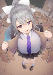 Rule 34 | 1girl, :d, blazer, blue hair, blue neckwear, bow, bra, breasts, chair, chalkboard, classroom, collared shirt, from above, full body, gradient hair, grey hair, half-closed eyes, highres, higuchi kaede, higuchi kaede (1st costume), huge breasts, indoors, jacket, long sleeves, looking at viewer, mole, mole under eye, multicolored hair, naughty face, nijisanji, open clothes, open mouth, plaid, plaid neckwear, plaid skirt, pleated skirt, ponytail, purple eyes, school uniform, see-through, serafuku, shirt, skirt, smile, standing, table, two-tone hair, underwear, urigarasu, virtual youtuber, white bow