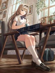 Rule 34 | an-94 (girls&#039; frontline), bag, blonde hair, blue eyes, blue skirt, blurry, blurry background, blush, breasts, chair, cup, desk, girls&#039; frontline, hair ornament, headband, legs, long hair, looking at another, looking at viewer, looking down, ribbon, shirt, shoes, short sleeves, silence girl, skirt, table, teacup, thighs, tree, twintails, window, wooden chair, wooden floor, wooden table