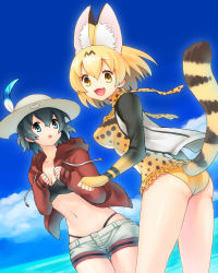 Rule 34 | 10s, 2girls, :d, :o, animal ears, ass, bad id, bad pixiv id, bikini, bikini under clothes, black bikini, black hair, blonde hair, blue eyes, blue sky, breasts, commentary request, day, dutch angle, from behind, hat, hat feather, highleg, highleg swimsuit, inukoro (spa), jacket, kaban (kemono friends), kemono friends, medium breasts, multiple girls, navel, open mouth, serval (kemono friends), serval print, serval tail, short hair, shorts, sky, smile, swimsuit, tail, yellow eyes