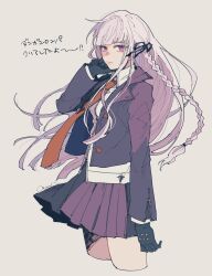 Rule 34 | 1girl, amano (amn 0w0), black gloves, black jacket, black ribbon, closed mouth, commentary, cropped legs, danganronpa: trigger happy havoc, danganronpa (series), from side, gloves, grey background, grey hair, hair ribbon, hand up, highres, jacket, kirigiri kyoko, long hair, looking at viewer, miniskirt, open clothes, open jacket, pleated skirt, profile, red skirt, ribbon, shirt, simple background, skirt, solo, translated, white shirt