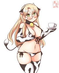 Rule 34 | 1girl, alternate costume, animal ears, animal print, artist logo, bell, bikini, blonde hair, blunt bangs, breasts, commentary request, covered erect nipples, cow ears, cow horns, cow print, cow print bikini, cow tail, cowbell, cowboy shot, cup, dated, elbow gloves, fake animal ears, fake horns, gloves, green eyes, groin, horns, kanon (kurogane knights), kantai collection, large breasts, long hair, looking at viewer, navel, northampton (kancolle), one-hour drawing challenge, print bikini, saucer, semi-rimless eyewear, side-tie bikini bottom, simple background, solo, swimsuit, tail, teacup, thighhighs, white background, white bikini, white gloves, white thighhighs