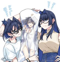 Rule 34 | 2girls, black-framed eyewear, blue eyes, blue hair, bracelet, clipe, commentary, dakimakura (object), dress shirt, dual persona, earrings, english commentary, fang, glasses, hair intakes, hand on own hip, hololive, hololive english, jewelry, long hair, looking over eyewear, multiple girls, narcissism, open mouth, ouro kronii, ouro kronii (casual), pillow, scowl, semi-rimless eyewear, shirt, short hair, skin fang, smile, sunglasses, t-shirt, upper body, virtual youtuber, wada arco
