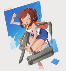 Rule 34 | 1girl, barefoot, blue one-piece swimsuit, brown hair, closed eyes, full body, grey background, hair ornament, hairclip, i-401 (kancolle), juralumin, kantai collection, machinery, one-piece swimsuit, open mouth, orange sailor collar, ponytail, round teeth, sailor collar, school swimsuit, short hair, short ponytail, smile, solo, swimsuit, swimsuit under clothes, tan, teeth, twitter username, upper teeth only