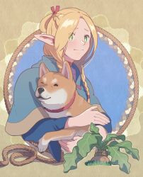 Rule 34 | 1girl, animal, b-saku, blonde hair, blue background, blue capelet, braid, capelet, choker, closed mouth, dog, dungeon meshi, elf, french braid, holding, holding animal, holding staff, hood, hood down, hooded capelet, long hair, long sleeves, looking at viewer, mandrake, marcille donato, multiple braids, nervous, one eye closed, outside border, parted bangs, pointy ears, rope, shiba inu, side braid, sprout, staff, upper body, worried