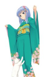 Rule 34 | 10s, 1girl, alternate costume, blue eyes, blue hair, blunt bangs, blush, cat, eyebrows, floral print, flower, from below, green kimono, hair flower, hair ornament, hatsukaze (kancolle), ichiman nisen yen, japanese clothes, kantai collection, kimono, looking down, matching hair/eyes, obi, parted lips, sash, simple background, sleeves past wrists, solo, white background, white cat, wide sleeves