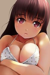 Rule 34 | 1girl, bare arms, bikini, breast hold, breasts, brown eyes, brown hair, cleavage, close-up, collarbone, highres, large breasts, long hair, looking at viewer, matsunaga kouyou, open mouth, original, parted lips, solo, swimsuit, upper body, white bikini