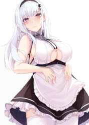 Rule 34 | 1girl, absurdres, apron, azur lane, blue hair, blush, breasts, closed mouth, dido (azur lane), from behind, hairband, highres, kazuha (saku kn), large breasts, long hair, looking at viewer, maid, maid apron, purple eyes, solo, standing, thighhighs, underboob, unhappy, white background, white thighhighs