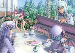 Rule 34 | 5girls, alternate costume, animal ears, aqua hair, assault rifle, bare legs, bare shoulders, bat wings, bow, breasts, case, closed eyes, cookie, crescent, cup, day, drinking, embodiment of scarlet devil, female focus, flower, food, garden, gun, hair bow, hair ornament, handheld game console, hat, head wings, hong meiling, izayoi sakuya, kemonomimi mode, koakuma, large breasts, leotard, long hair, m16, m16a1, maid, maid headdress, medium breasts, multiple girls, nature, o o, open mouth, outdoors, patchouli knowledge, pinky out, playboy bunny, playstation portable, purple eyes, purple hair, rabbit ears, raybar, red hair, remilia scarlet, rifle, saucer, short hair, sidelocks, silver hair, sitting, smile, star (symbol), table, tea, teacup, teapot, touhou, very long hair, weapon, wings, wrist cuffs