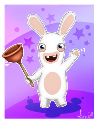 Rule 34 | animal ears, blue eyes, border, buck teeth, commentary, commission, deviantart username, english commentary, full body, holding, looking at viewer, open mouth, plunger, purple background, rabbid, rabbit ears, raving rabbids, signature, smile, solo, standing, star (symbol), teeth, tongue, waving, white border