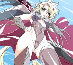 1girl absurdres armor blonde_hair blush breasts brown_eyes cape grey_hair highleg highleg_leotard highres langrisser leotard long_hair looking_at_viewer niko_(tama) pauldrons rana_(langrisser) shoulder_armor solo thighhighs thong_leotard