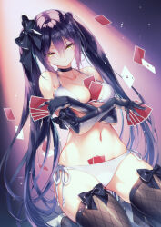 Rule 34 | 1girl, absurdres, between breasts, bikini, black choker, black gloves, black hair, black ribbon, black thighhighs, blush, breasts, breasts squeezed together, card, card between breasts, choker, cleavage, commission, elbow gloves, floating card, gloves, hair between eyes, highres, hirano katsuyuki, holding, holding card, kneeling, large breasts, long hair, looking at viewer, navel, original, pixiv commission, playing card, ribbon, smile, solo, swimsuit, thighhighs, twintails, white bikini, yellow eyes