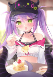 Rule 34 | 2girls, ahoge, black camisole, black headwear, blurry, blurry background, blush, cabbie hat, cake, cake slice, camisole, collarbone, commentary request, commission, crop top, cropped jacket, demon horns, depth of field, fake horns, feeding, food, fork, fruit, green eyes, hair between eyes, hair ornament, hairclip, hat, holding, holding fork, hololive, horned headwear, horns, indoors, jacket, la+ darknesss, long hair, long sleeves, multicolored hair, multiple girls, nikoo, off shoulder, open mouth, pink hair, pixiv commission, plate, puffy long sleeves, puffy sleeves, purple hair, solo focus, strawberry, streaked hair, table, tokoyami towa, twintails, very long hair, virtual youtuber, white jacket