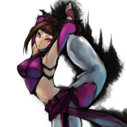 Rule 34 | 1girl, arched back, armpits, arms behind head, baggy pants, bare shoulders, barefoot, breasts, brown hair, capcom, chinese clothes, covered erect nipples, crop top, detached sleeves, drill hair, dudou, elbow gloves, feet, flexible, gloves, halterneck, han juri, medium breasts, midriff, nyantiu, pants, purple eyes, solo, split, standing, standing on one leg, street fighter, street fighter iv (series), stretching, toeless legwear, toes, twin drills, twintails