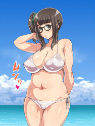 Rule 34 | 1girl, arm behind back, belly, bikini, blush, breasts, brown hair, cleavage, collarbone, curvy, enoshima iki, glasses, hand to head, large breasts, long hair, looking at viewer, navel, original, plump, side ponytail, smile, solo, standing, swimsuit