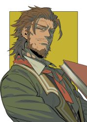 Rule 34 | 1boy, beard, book, brown eyes, brown hair, character name, coat, collared shirt, facial hair, fate/apocrypha, fate (series), green coat, highres, holding, holding book, long sleeves, looking at viewer, male focus, medium hair, muni (fdrk), mustache, red neckwear, renaissance clothes, shirt, simple background, smile, solo, stubble, textless version, upper body, william shakespeare (fate)